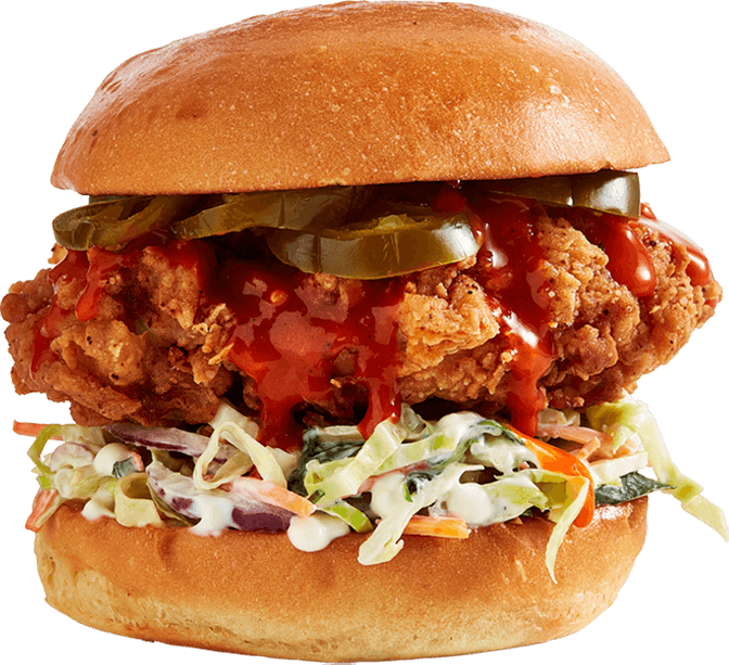 Chicken  burger with slaw, jalapeños and sauce