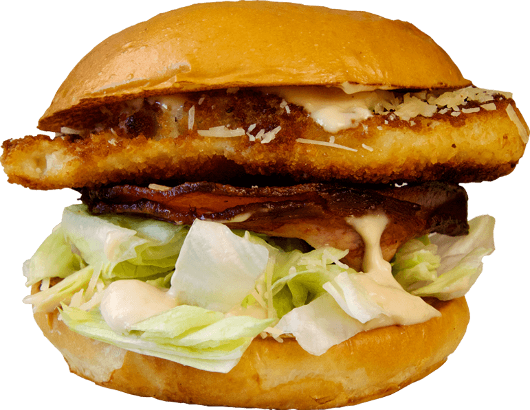 Caesar Burger - Limited Time Only! Signature Caesar Dressing, Lettuce, Herbs, Shredded Parmesan, Rasher Of bacon And Crumbed Tender Grilled Chicken Breast On A Toasted Milk Bun.